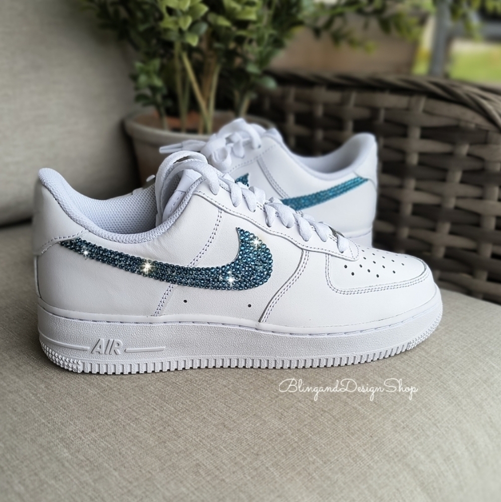 Bling Womens Nike Air Force 1 White Sneakers Shoes made with Blue Crystals - Picture 2 of 7